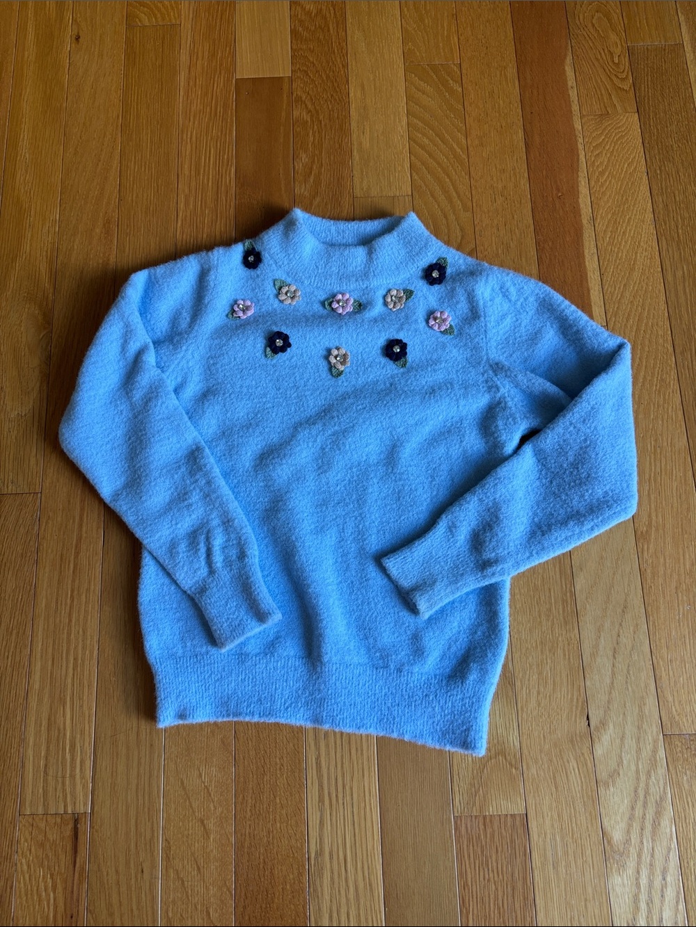 Light Blue Floral Appliqué Mock Neck Sweater